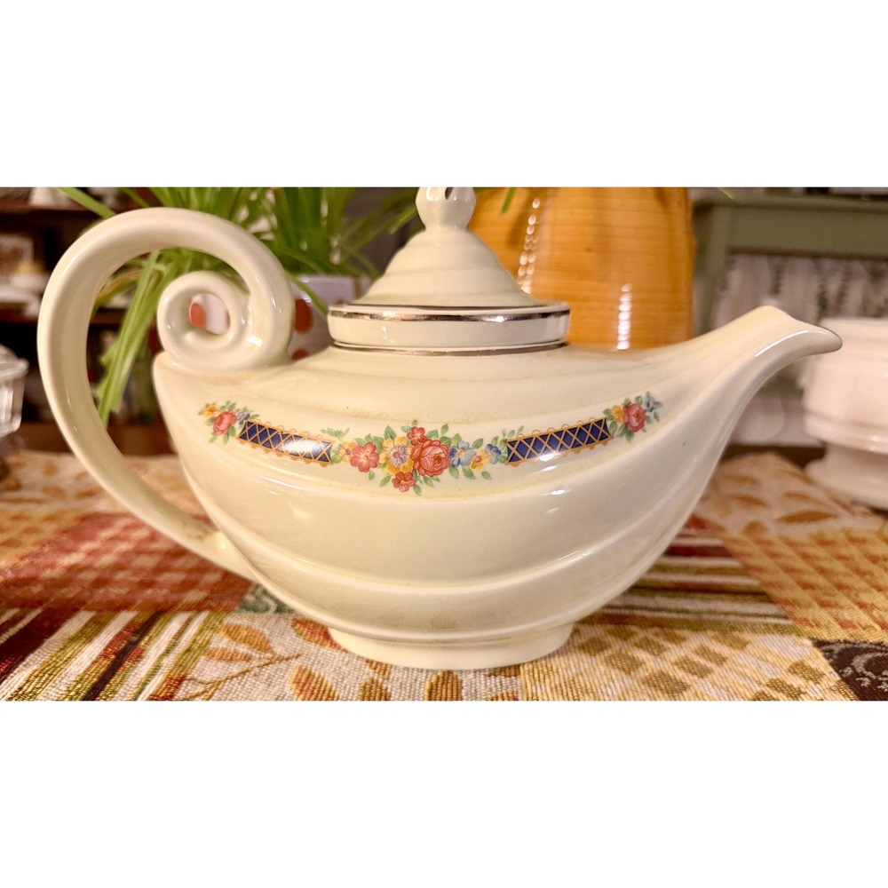Vintage Hall China Aladdin Teapot w/Infuser Insert & Lid, Silver / Platinum Trim